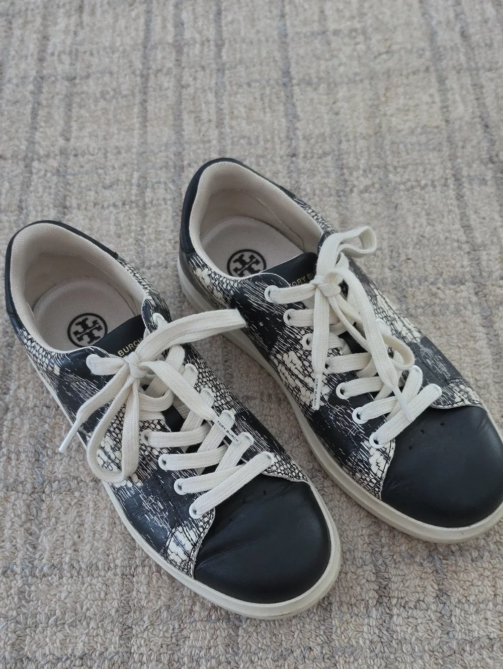 Tory Burch Black and Cream Textured Leather Lace-Up Sneakers